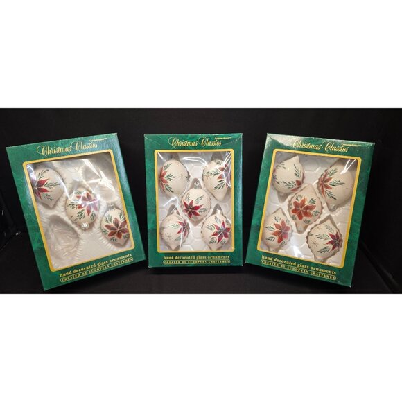 Vintage Christmas Classics Commodore Hand Decorated Poinsettia Glass Ornaments - Picture 1 of 16